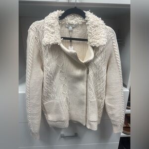 Chico's Cream Cable Knit Cardigan with Sherpa Collar